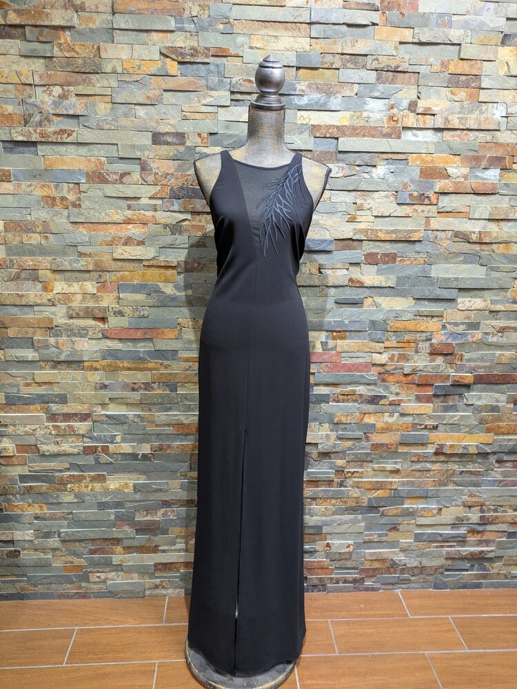 Halston Black Halter Top w/ Vine Mesh Accent Dress, Size 12