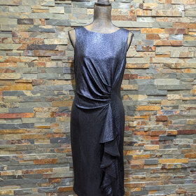 Cachet Metallic Navy Blue Ruffled Shift Dress, Size 5