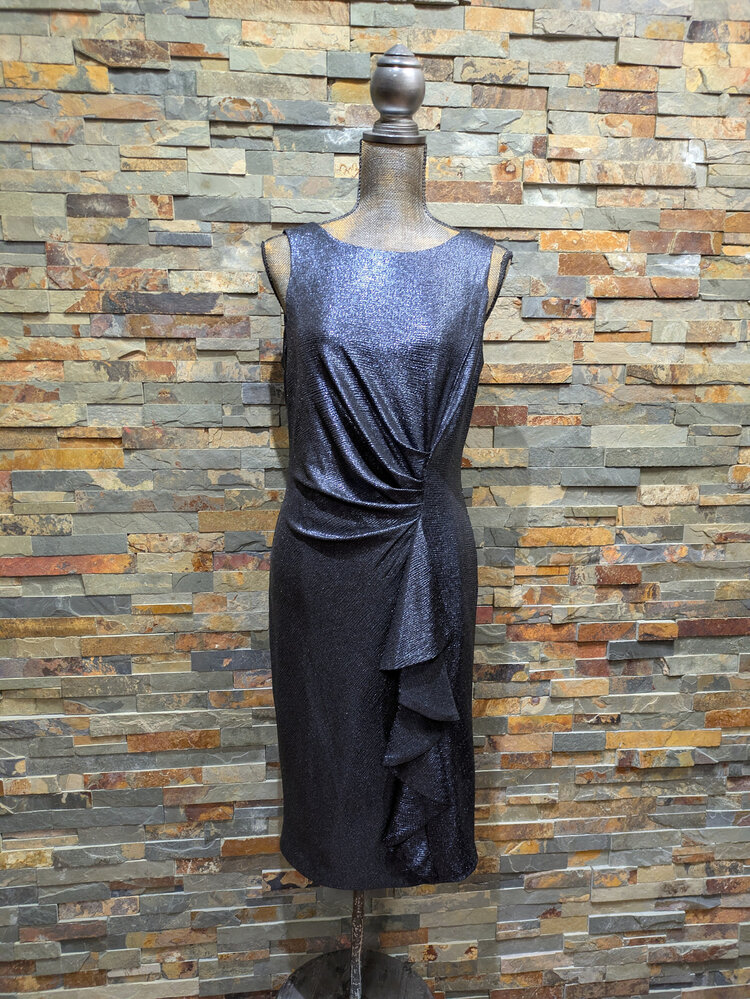 Cachet Metallic Navy Blue Ruffled Shift Dress, Size 5