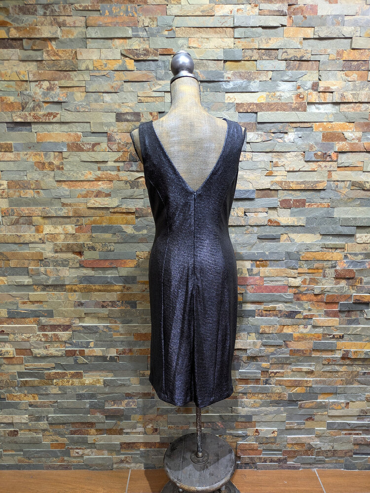 Cachet Metallic Navy Blue Ruffled Shift Dress, Size 5