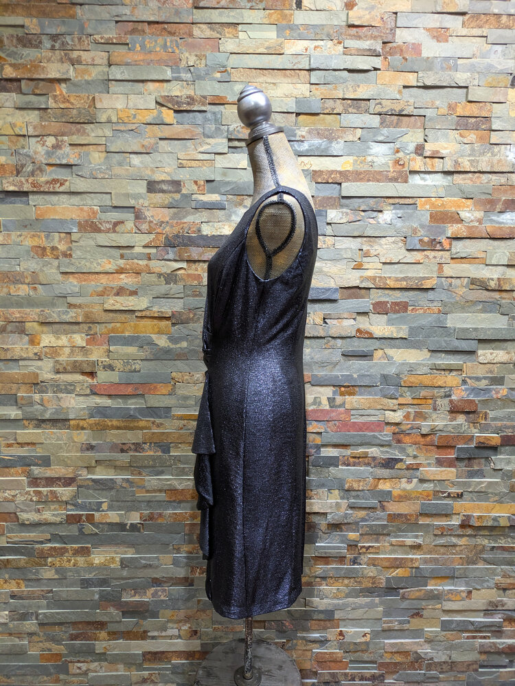 Cachet Metallic Navy Blue Ruffled Shift Dress, Size 5