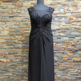 Jade Couture Black Beaded Ruched Gown w/ Mesh V-neck, Size 18