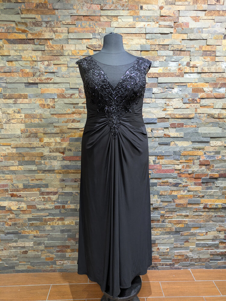 Jade Couture Black Beaded Ruched Gown w/ Mesh V-neck, Size 18