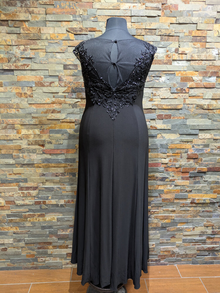 Jade Couture Black Beaded Ruched Gown w/ Mesh V-neck, Size 18