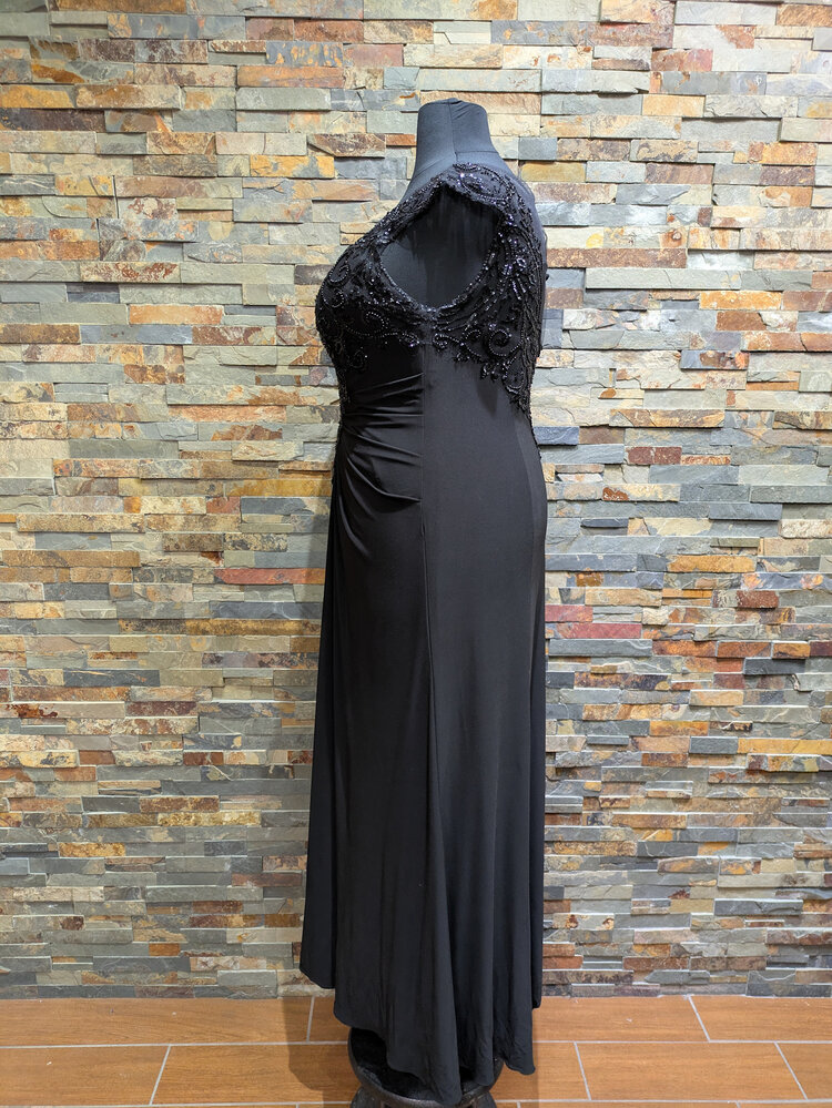 Jade Couture Black Beaded Ruched Gown w/ Mesh V-neck, Size 18