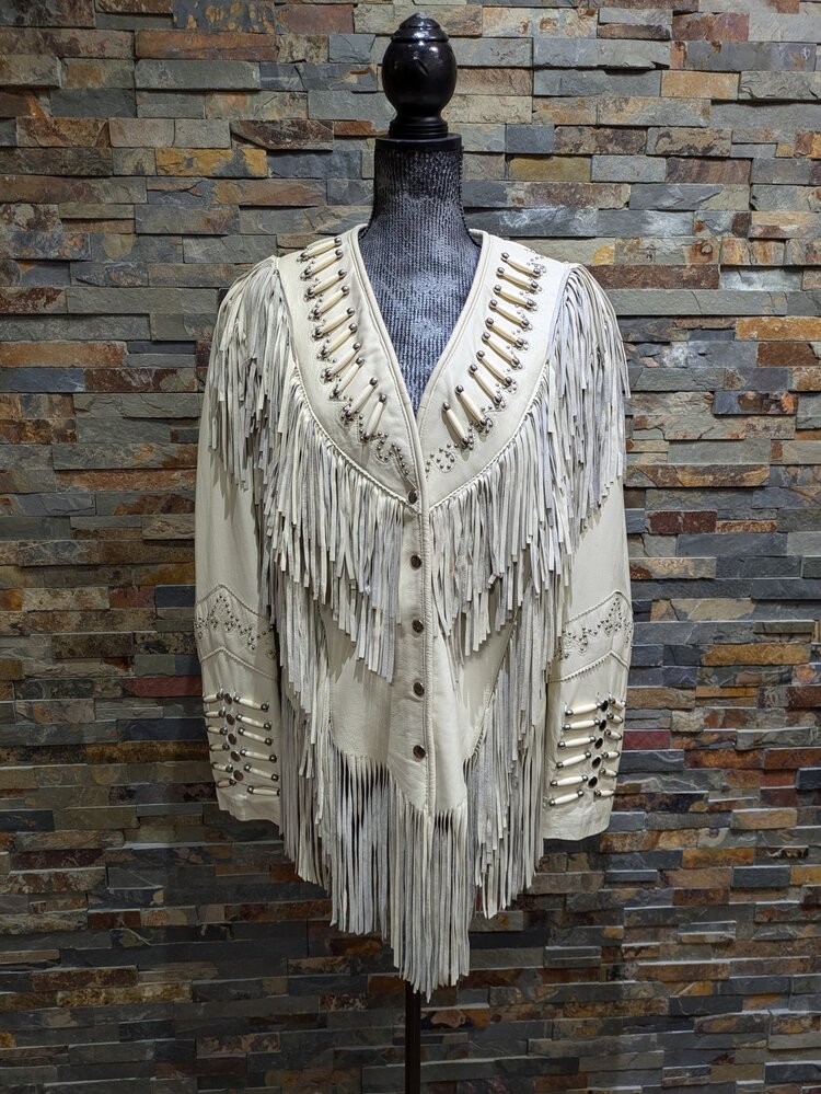 Light Tan Native American Style Fringe Jacket, Size XL