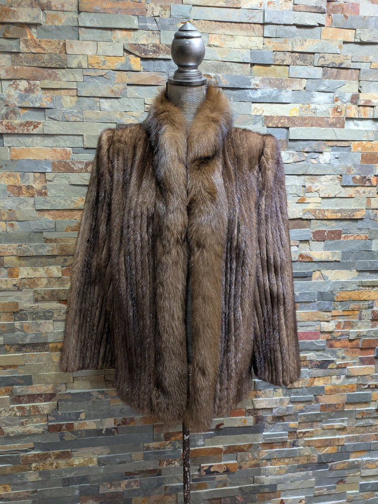 Saga Mink Brown Ranch Mink Corded with Fox Trim, Size L