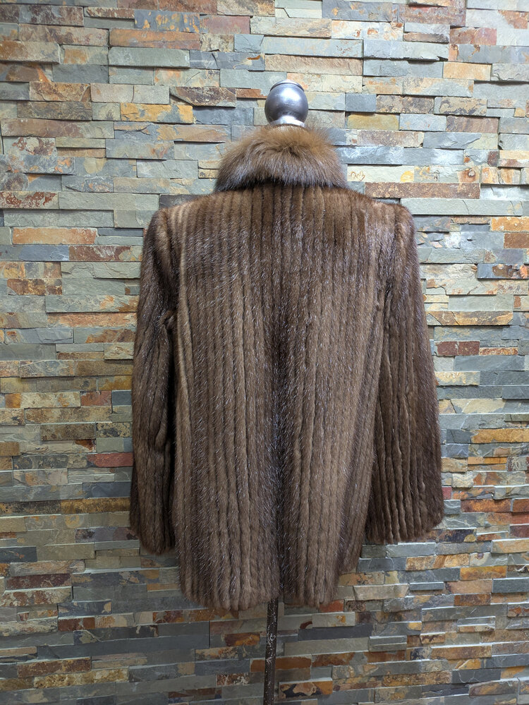 Saga Mink Brown Ranch Mink Corded with Fox Trim, Size L
