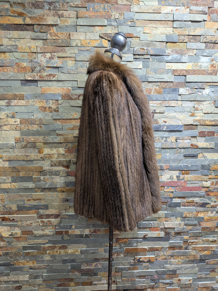 Saga Mink Brown Ranch Mink Corded with Fox Trim, Size L