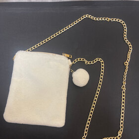 White Faux Solid Fur Mini Clutch with Long Gold Chain
