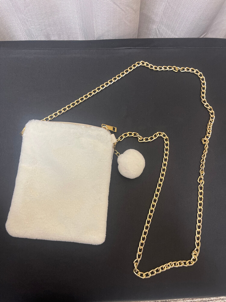 White Faux Solid Fur Mini Clutch with Long Gold Chain