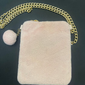 Pink Faux Solid Fur Mini Clutch with Long Gold Chain