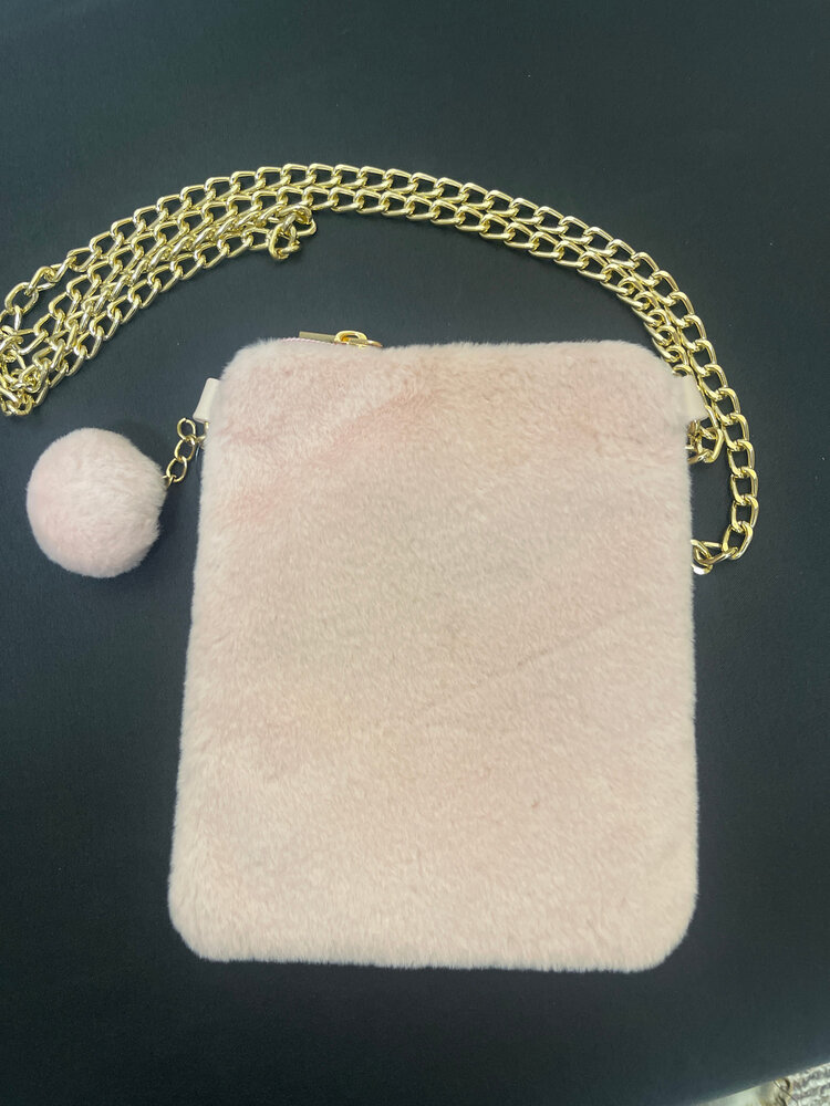 Pink Faux Solid Fur Mini Clutch with Long Gold Chain