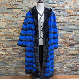 Diana Winter Cobalt Blue & Black Rex Chinchilla Long Coat, Size 2XL