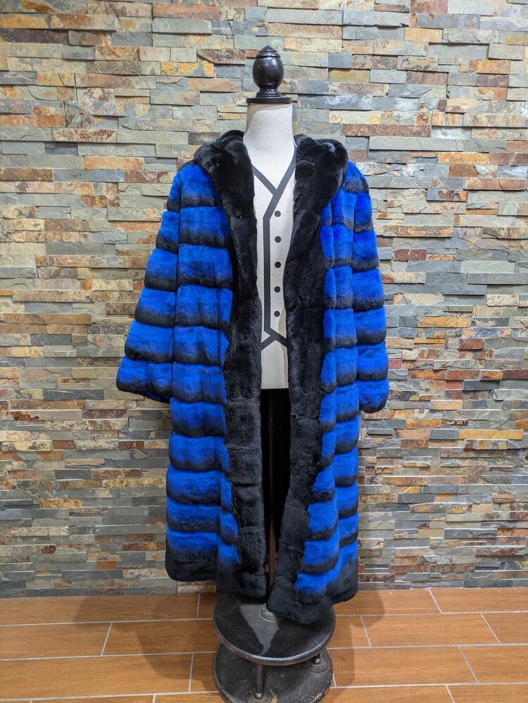 Diana Winter Cobalt Blue & Black Rex Chinchilla Long Coat, Size 2XL