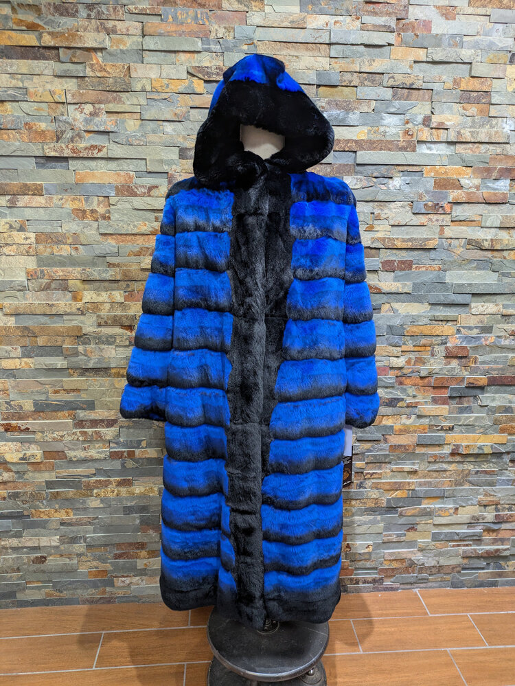 Diana Winter Cobalt Blue & Black Rex Chinchilla Long Coat, Size 2XL