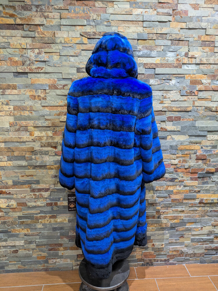 Diana Winter Cobalt Blue & Black Rex Chinchilla Long Coat, Size 2XL