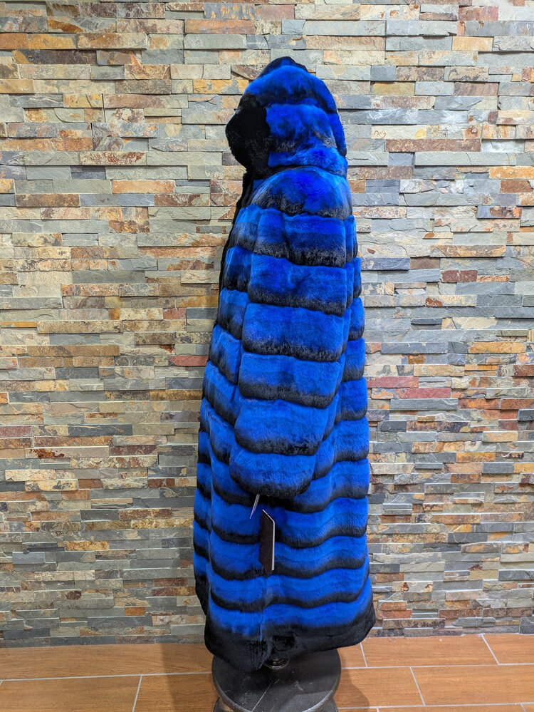 Diana Winter Cobalt Blue & Black Rex Chinchilla Long Coat, Size 2XL