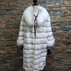 Diana Winter White Rex Rabbit Chinchilla Long Coat w/ Shadow Frost Fox Collar & Cuffs, Size XL