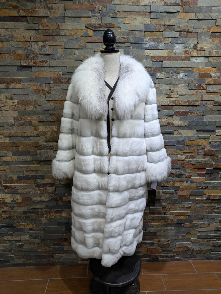 Diana Winter White Rex Rabbit Chinchilla Long Coat w/ Shadow Frost Fox Collar & Cuffs, Size XL