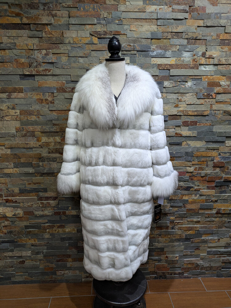 Diana Winter White Rex Rabbit Chinchilla Long Coat w/ Shadow Frost Fox Collar & Cuffs, Size XL