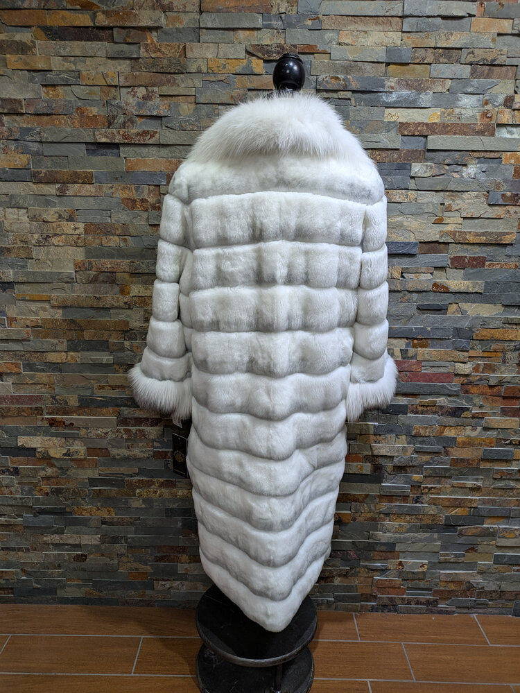 Diana Winter White Rex Rabbit Chinchilla Long Coat w/ Shadow Frost Fox Collar & Cuffs, Size XL