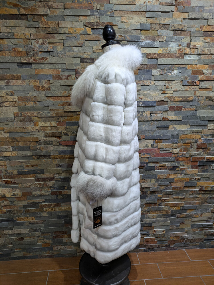 Diana Winter White Rex Chinchilla Long Coat w/ Shadow Frost Fox Collar & Cuffs, Size XL