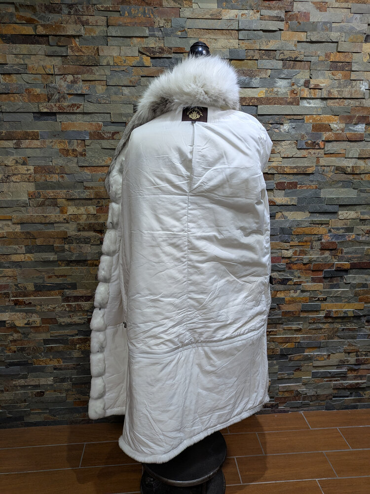 Diana Winter White Rex Rabbit Chinchilla Long Coat w/ Shadow Frost Fox Collar & Cuffs, Size XL
