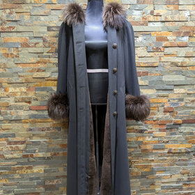 Dark Gray Long Sheared Beaver Lined Swing Coat w/ Racoon Collar & Cuffs, Size XL