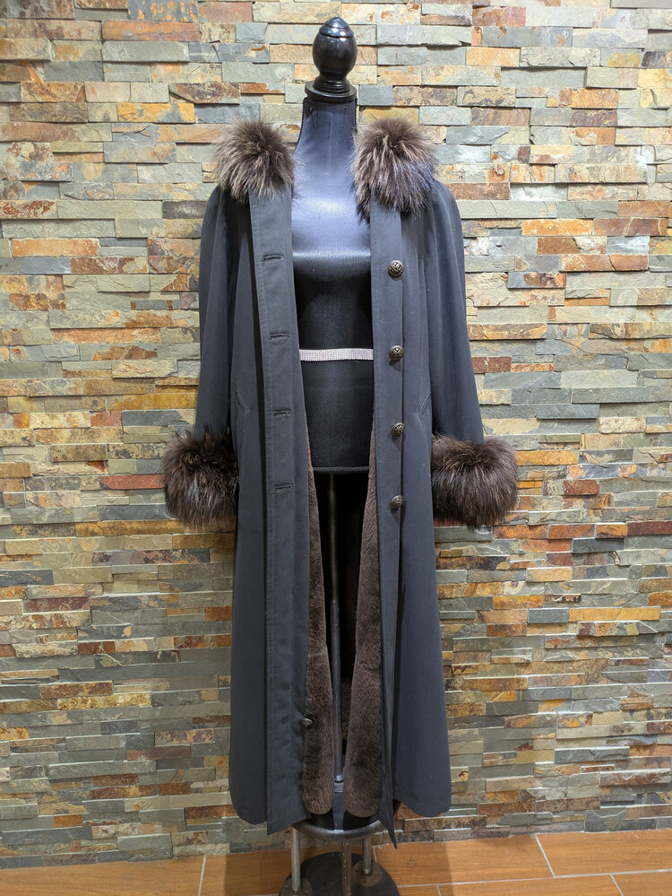 Dark Gray Long Sheared Beaver Lined Swing Coat w/ Racoon Collar & Cuffs, Size XL