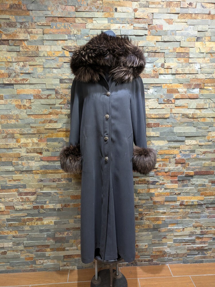 Dark Gray Long Sheared Beaver Lined Swing Coat w/ Racoon Collar & Cuffs, Size XL