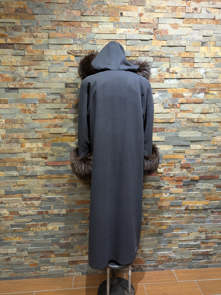 Dark Gray Long Sheared Beaver Lined Swing Coat w/ Racoon Collar & Cuffs, Size XL