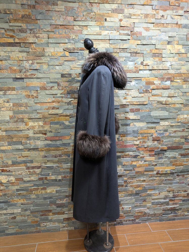 Dark Gray Long Sheared Beaver Lined Swing Coat w/ Racoon Collar & Cuffs, Size XL