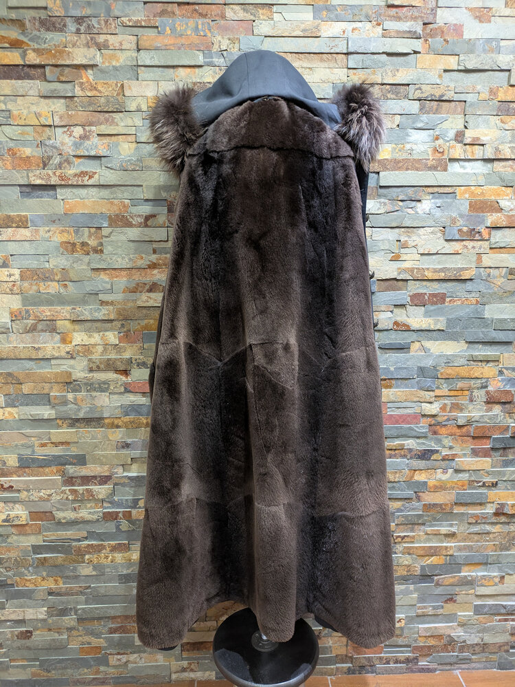 Dark Gray Long Sheared Beaver Lined Swing Coat w/ Racoon Collar & Cuffs, Size XL