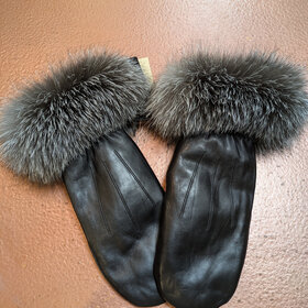 Black Leather Mittens w/Silver Indigo Fox Fur Trim, Size M/L
