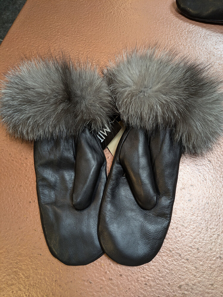 Black Leather Mittens w/Silver Indigo Fox Fur Trim, Size M/L