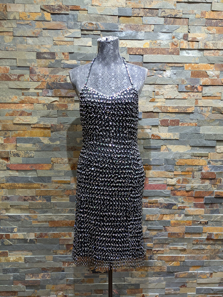 Black Hand-Beaded Vintage Flapper Inspired Dress, Size M