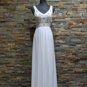 Sue Wong White V Neck Gown with Gold Beading, Size 2