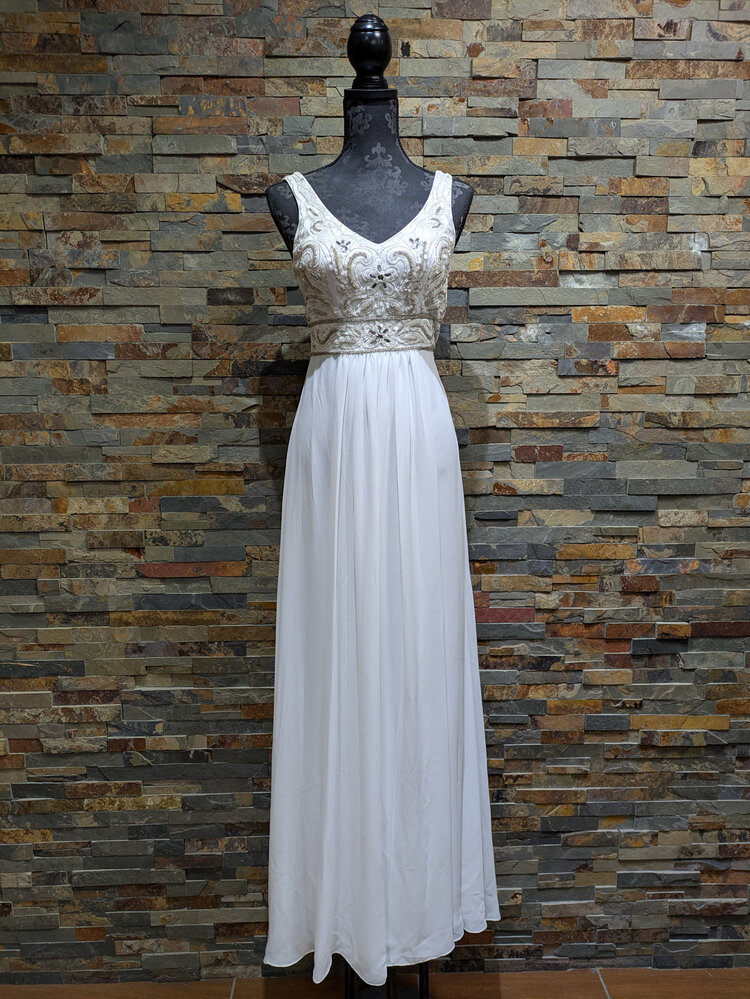 Sue Wong White V Neck Gown with Gold Beading, Size 2