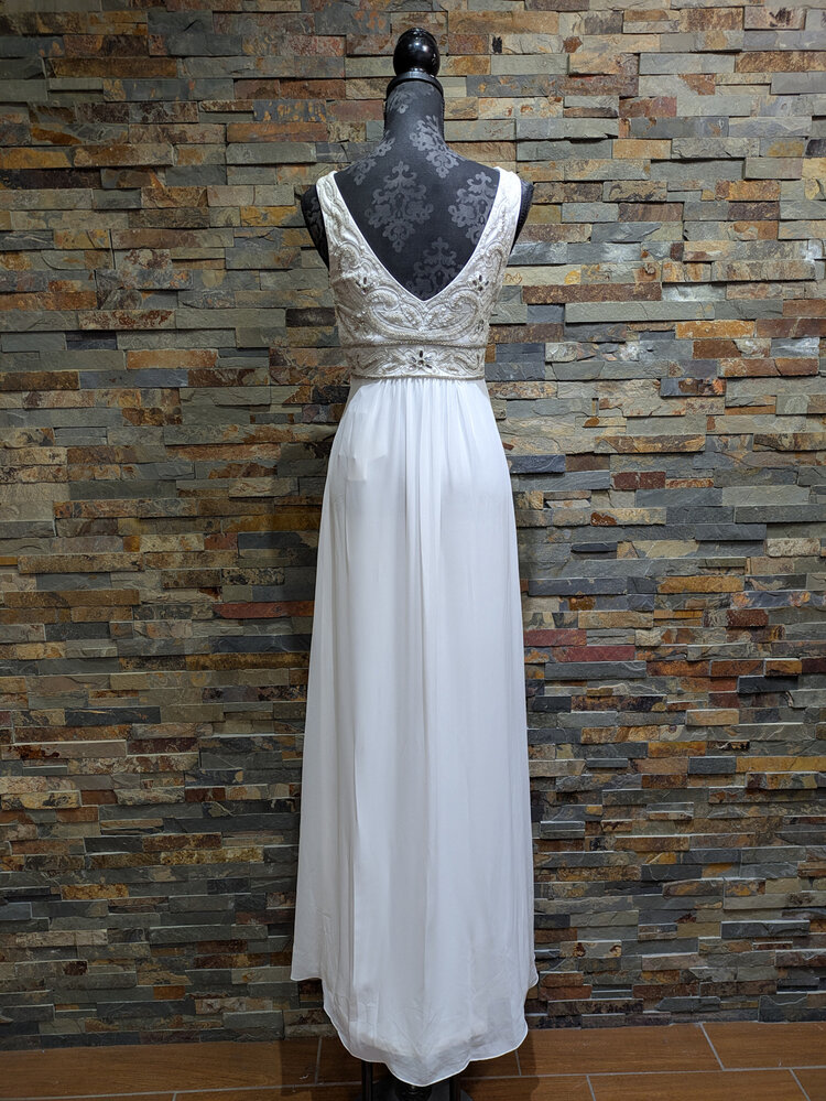 Sue Wong White V Neck Gown with Gold Beading, Size 2