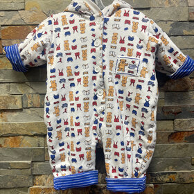 White & Royal Bear Print/Striped Reversible Coverall, Size 6M