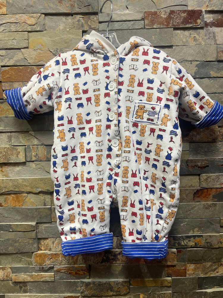 White & Royal Bear Print/Striped Reversible Coverall, Size 6M