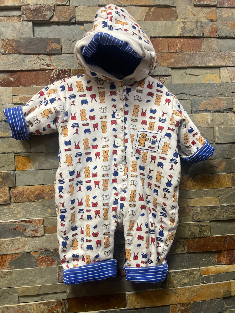 White & Royal Bear Print/Striped Reversible Coverall, Size 6M