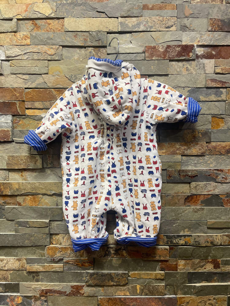 White & Royal Bear Print/Striped Reversible Coverall, Size 6M