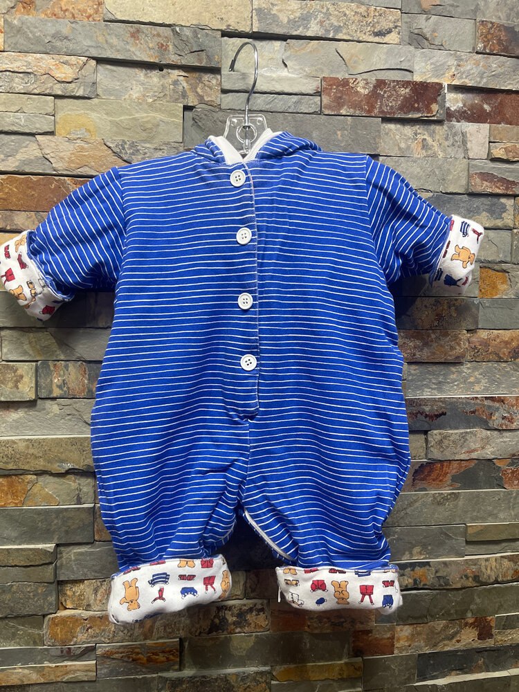 White & Royal Bear Print/Striped Reversible Coverall, Size 6M