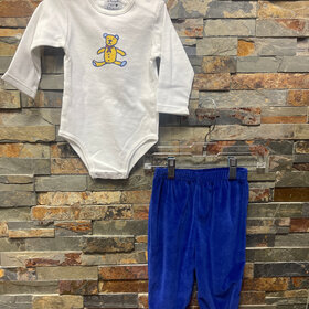 White Long Sleeve Bear Onesie w/ Royal Jog Pant, Size 12M