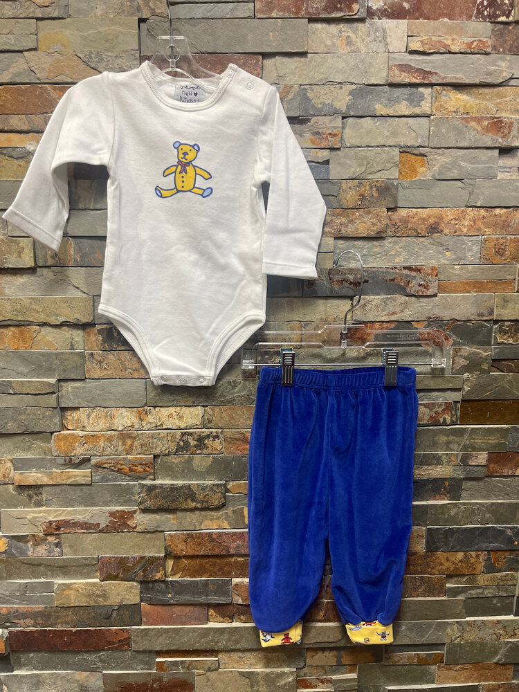 White Long Sleeve Bear Onesie w/ Royal Jog Pant, Size 12M