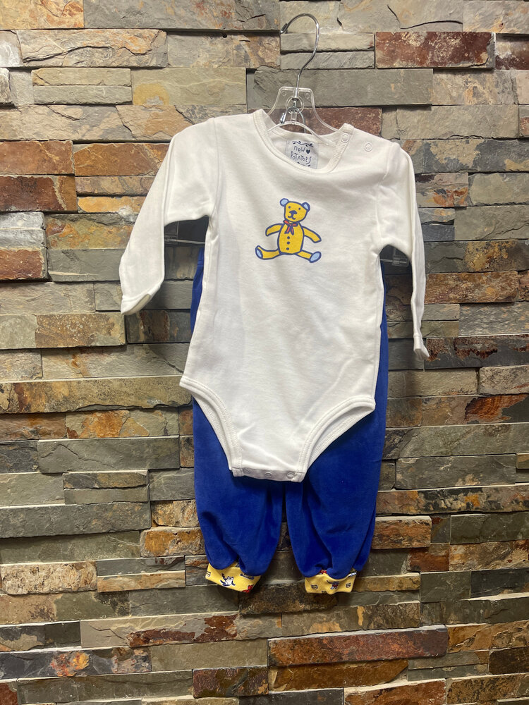 White Long Sleeve Bear Onesie w/ Royal Jog Pant, Size 12M