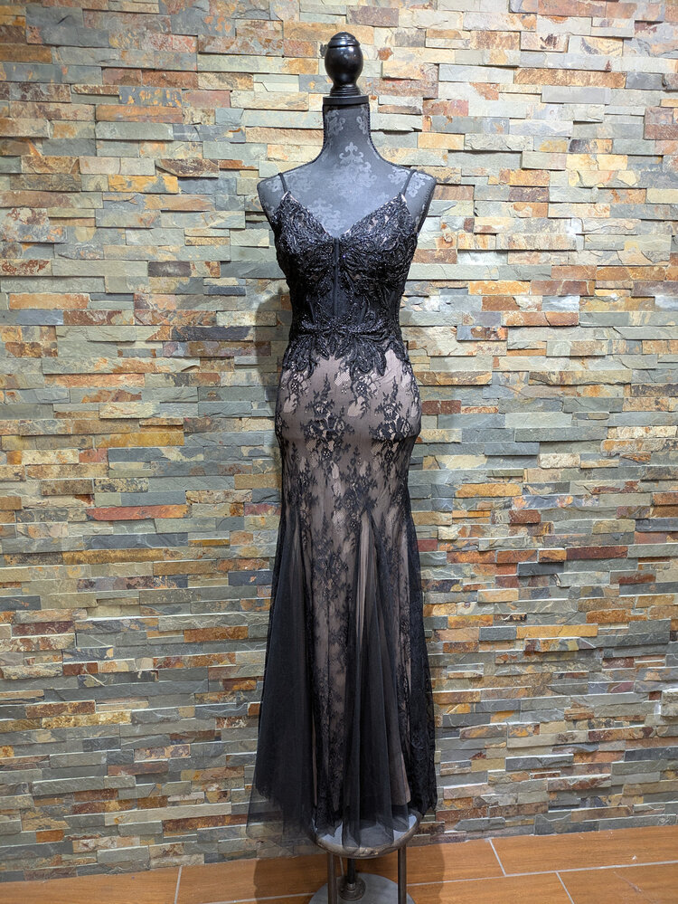 Blondie Nites Black Sheer Corset Inspired Gown, Size 3