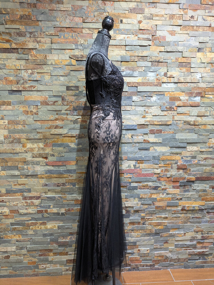 Blondie Nites Black Sheer Corset Inspired Gown, Size 3